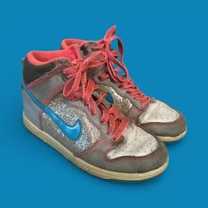 Nike Kids' Silver and Blue High-Top Sneakers Shimmer Basketball Sporty Gym Shoes